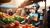 humanoid robot in the morning seller at the vegetable market in the city