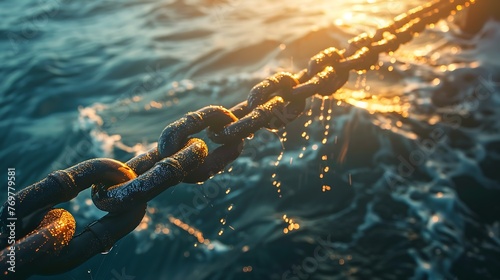 Rusty chain dripping water into the ocean at sunset, creating a mesmerizing reflection