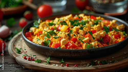 Vegan tofu scramble in a pan. photo