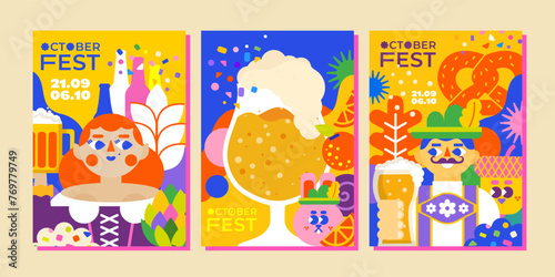 3 Oktoberfest templates. The illustration conveys the unique spirit of the holiday: a man and a woman in traditional costumes raise beer mugs, German cuisine and a lot of beer. 