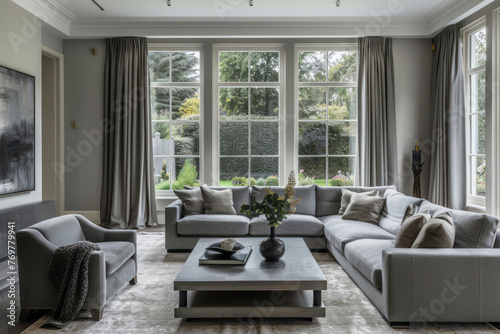 Interior of light living room with grey sofas  coffee table and large window.