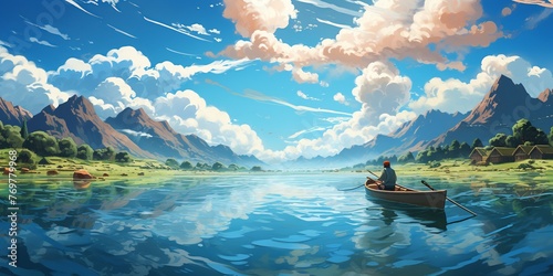 A man is in a canoe on a lake with mountains in the background