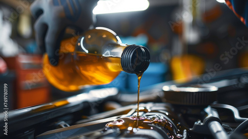 Pouring motor oil into car engine