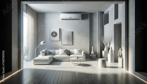 Air-Conditioner In Sleek Minimalist Living Room with Monochromatic Design and Modern Comfort