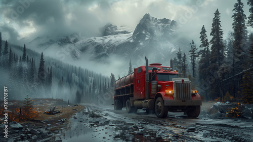 A rugged transportation truck navigating through a treacherous mountain pass Generative ai
