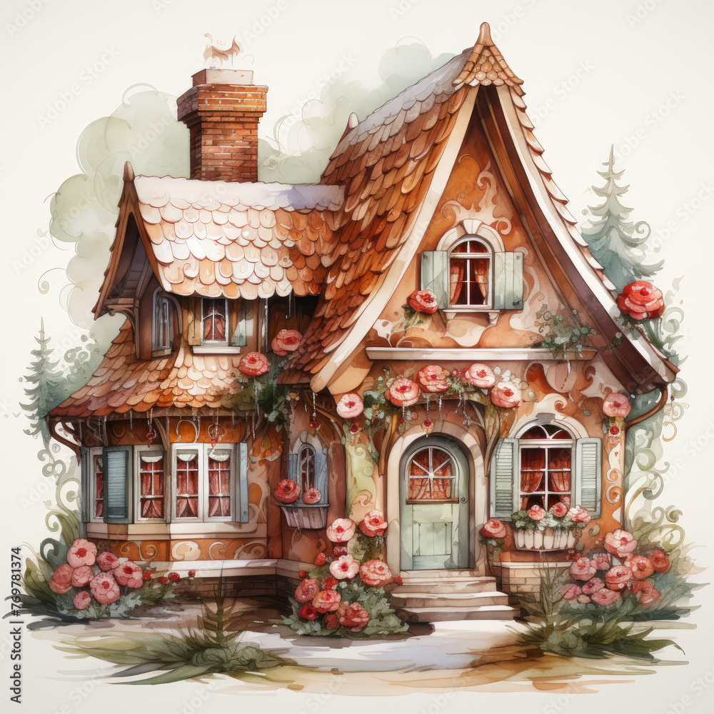 watercolor Kawaii Gingerbread House clipart, Generative Ai