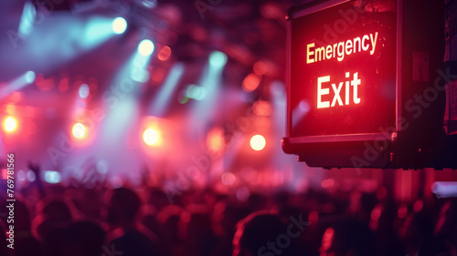 Illuminated emergency exit sign at a concert