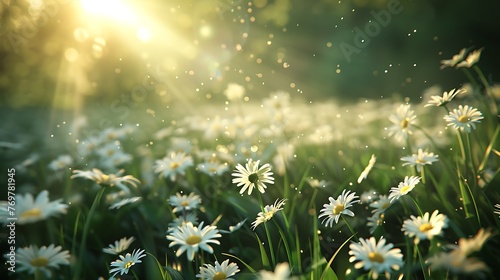 Close-up of white daisies in a scenic field with a beautifully blurred background