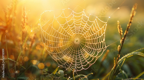 A dew-covered spiderweb at sunrise.