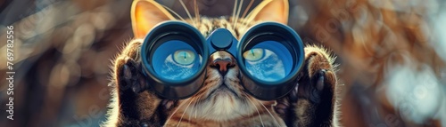 Expert cat adventurer, cute binoculars in paw, exploring the unknown, joyful quest , close-up