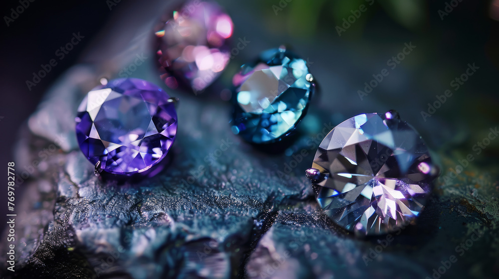 A stunning cluster of multi-colored gemstones rests on a natural mineral bed, their colors popping vividly A stunning cluster of multi-colored gemstones rests on a natural mineral bed, their colors popping vividly