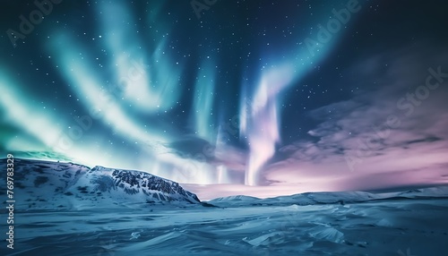 Mesmerizing Aurora Borealis Over Snowy Mountain Landscape At Night