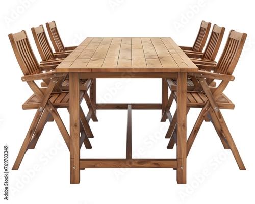 outdoor wooden dining table with chairs on white transparent background