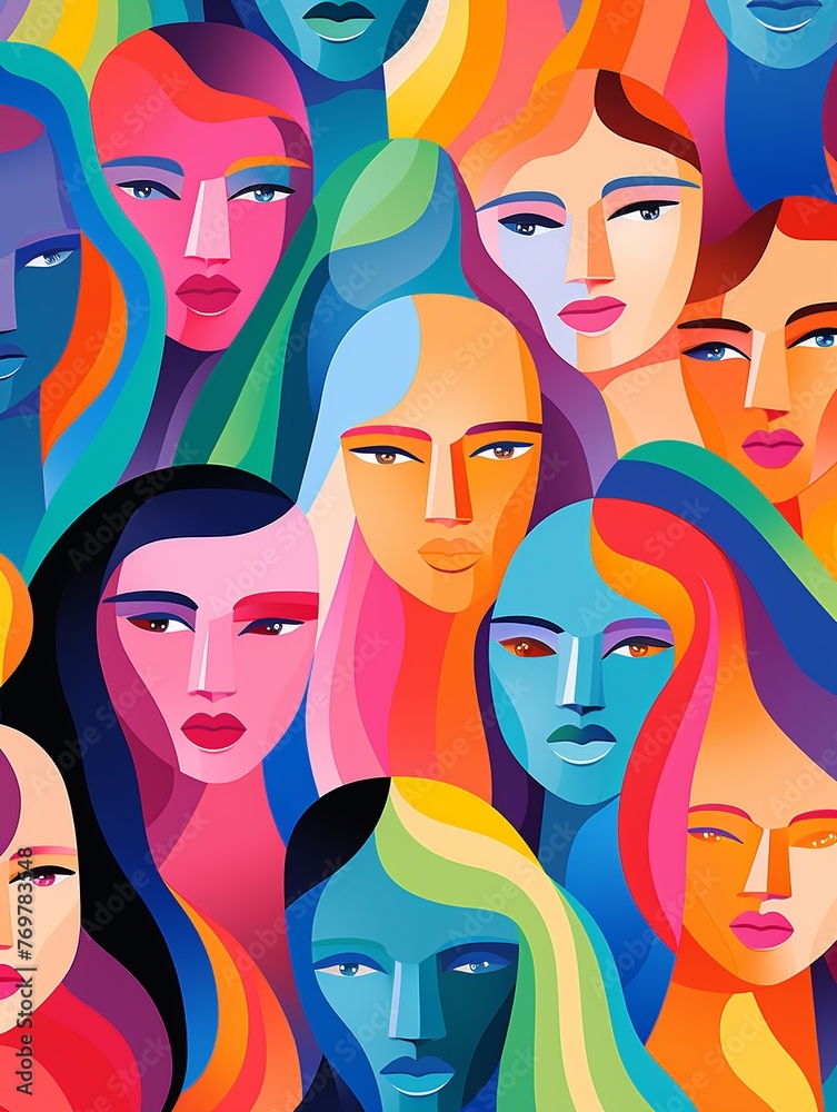 A colorful painting of many women with different hair colors and styles A colorful painting of many women with different hair colors and styles