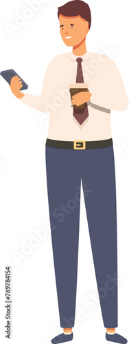 Everyday morning office coffee icon cartoon vector. Reading on phone news. Male morning rest