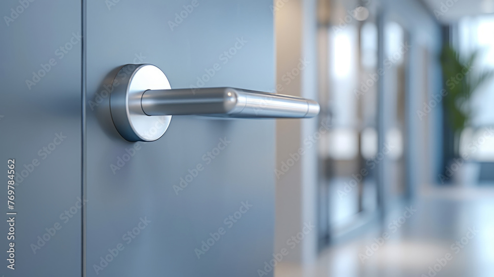 A modern door handle in an office setting.