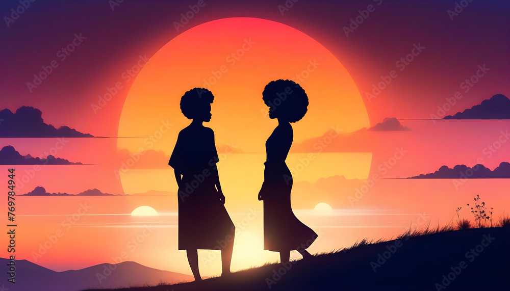 A digital painting of a two woman with an afro hairstyle standing on a hill