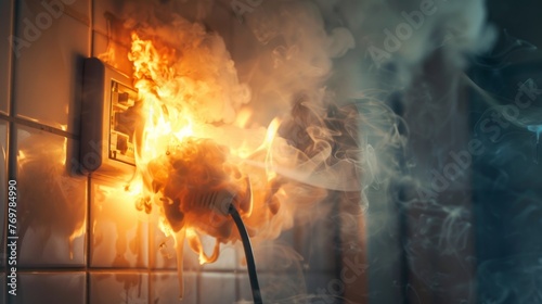 Fire and smoke on an electrical wire plug indoors photo