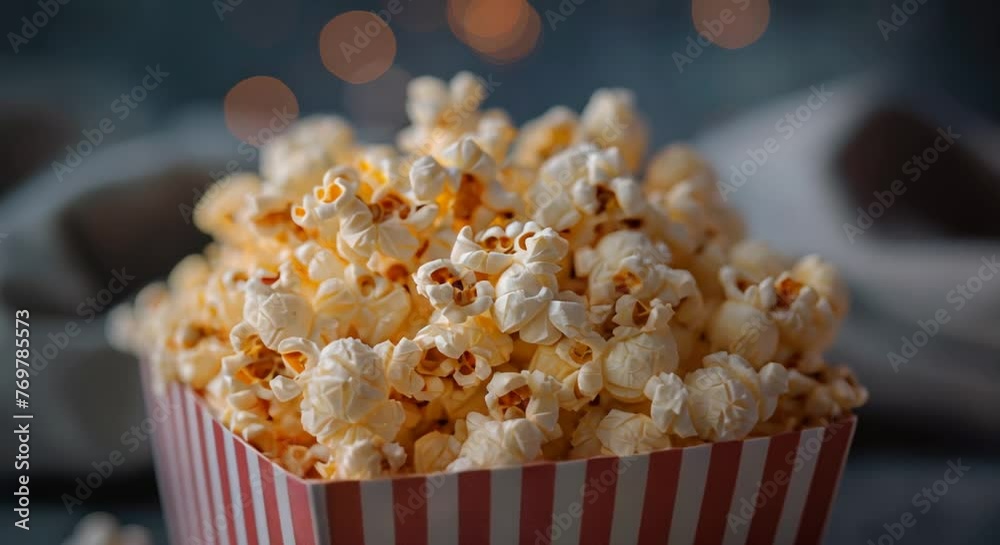 Gourmet popcorn in a striped box, movie night essential. Gourmet popcorn in a striped box, movie night essential.