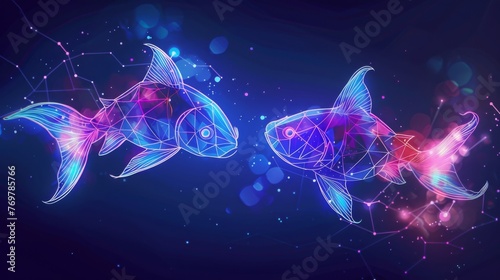 Pisces zodiac sign depicted in a sleek linear style on a dark polygon background photo
