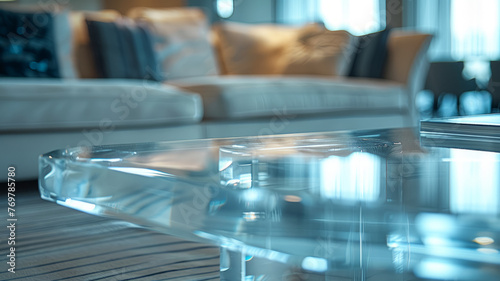 A modern living room focus on glass table