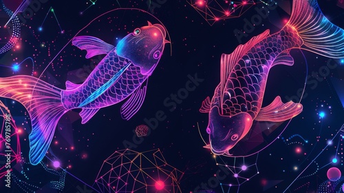 Pisces zodiac sign depicted in a sleek linear style on a dark polygon background