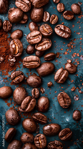 coffee beans scattered on a dark blue surface