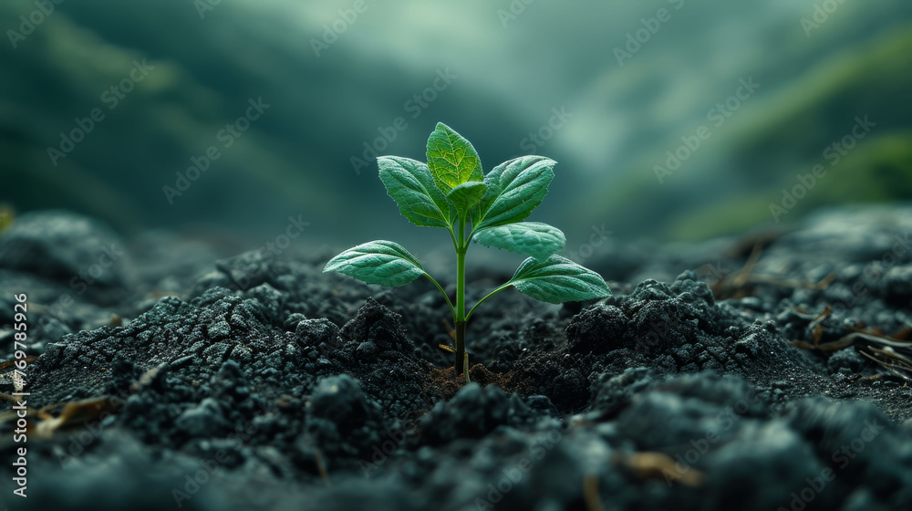 Young plant sprouting from the soil with a blurred background Young plant sprouting from the soil with a blurred background