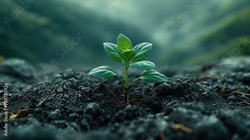 Young plant sprouting from the soil with a blurred background