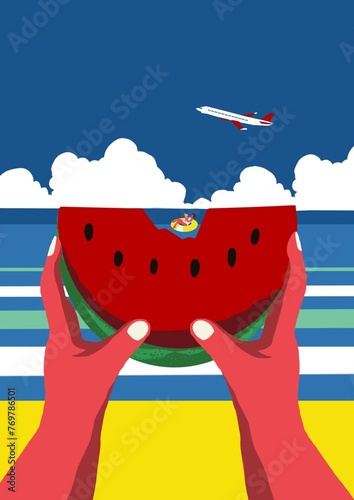 Hand drawn drawings Woman hand holding a piece of watermelon in front of the beach with airplane in the sky with clouds background..