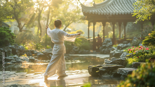A person practicing tai chi in a tranquil garden, relaxation exercise