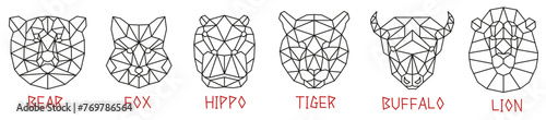 Animal faces. Animals are drawn with a polygon. Faces of animals in a thin line.