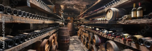 Wine cellar rows of aged wine bottles rest peacefully on wooden shelves  deep colors and aged labels