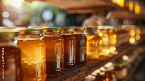 Jars of honey on a market shelf.