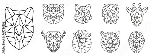 Different animals. Animals are drawn with a polygon. Faces of animals in a thin line.