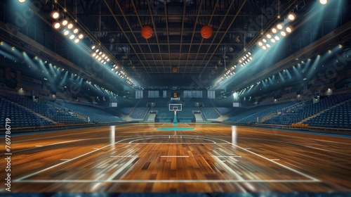 Basketball court located in a vast sports arena  with rows of empty seats