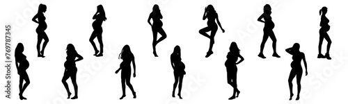 A set of silhouette illustrations of pregnant women in vector form