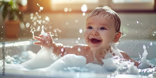 A baby splashing and playing in the bath. 