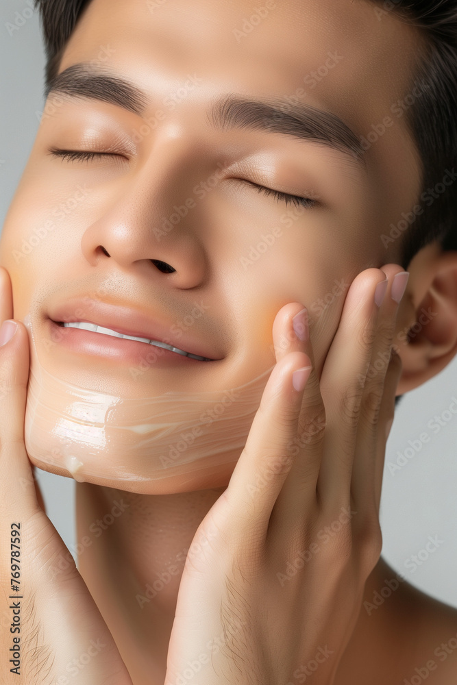 Portrait of young asian guy doing cosmetic facial mask. Man enjoys beauty treatments and personal care. People skin care concept