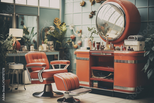 A vintage barbershop with a hair salon barber chair standing in the center of it. There is a large convex mirror, perfume, lotions, newspapers, etc. An old color camera film effect added