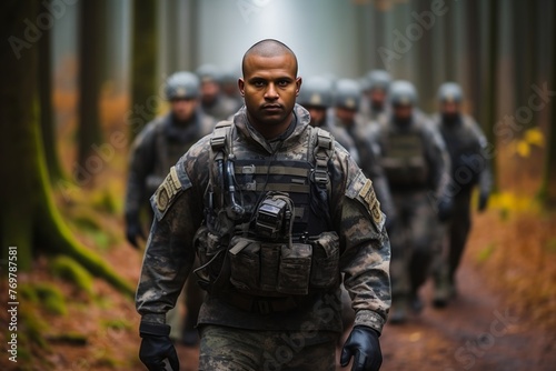 Portrait of a European army soldier in the ranks with selective focus, human enhanced photo