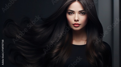 Portrait of beautiful young brunette girl with long chic shiny hair and natural face makeup