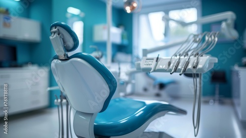 Dentist's tools and chair in a bright, clean clinic