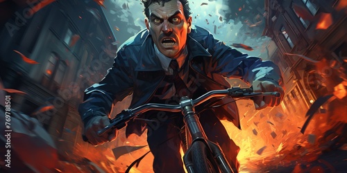 A man is riding a bike through a city with a lot of debris and fire