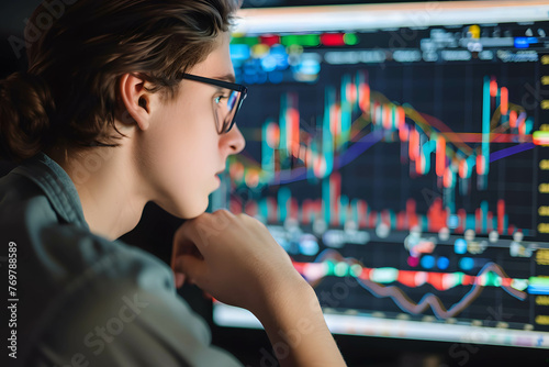 A young stock market trader monitoring stock prices and trading activity on a computer screen, focus on investing or trading
