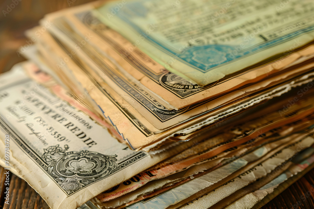 A stack of bond certificates with various interest rates and maturity dates A stack of bond certificates with various interest rates and maturity dates