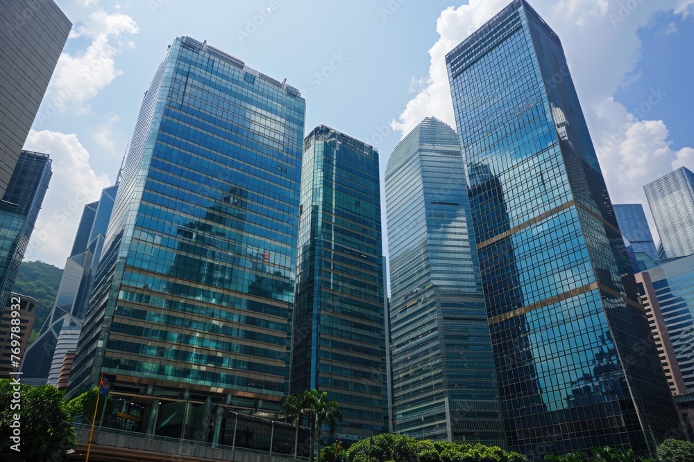 Skyward View of Glass Skyscrapers in Business District Skyward View of Glass Skyscrapers in Business District