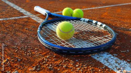 Tennis coach's racket and balls on a clay court © Anuwat