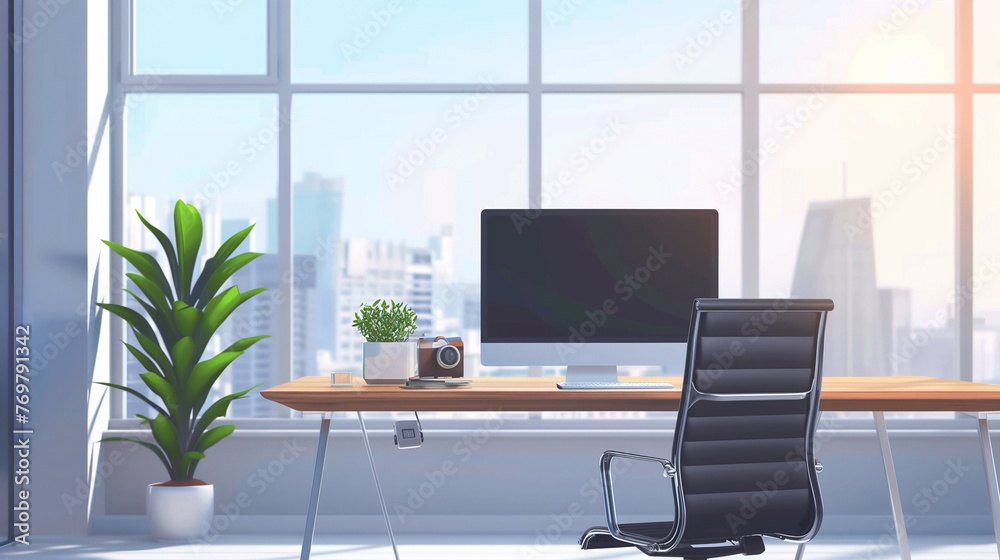 A modern office desk with a computer monitor, a black chair, and a potted plant on the side in front of a large window overlooking a cityscape in the style of cartoon or anime, with a simple backgroun A modern office desk with a computer monitor, a black chair, and a potted plant on the side in front of a large window overlooking a cityscape in the style of cartoon or anime, with a simple backgroun
