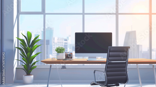 A modern office desk with a computer monitor, a black chair, and a potted plant on the side in front of a large window overlooking a cityscape in the style of cartoon or anime, with a simple backgroun © IULIIA